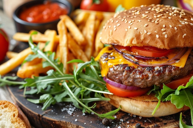 Burger au bœuf grillé avec des frites au fromage et des légumes frais