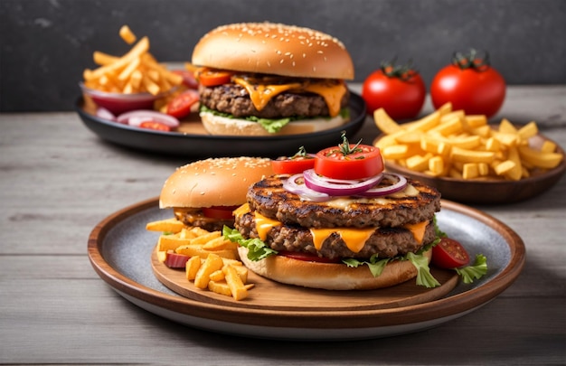 Burger au bœuf grillé avec frites, cheeseburger et tomate généré par l'IA