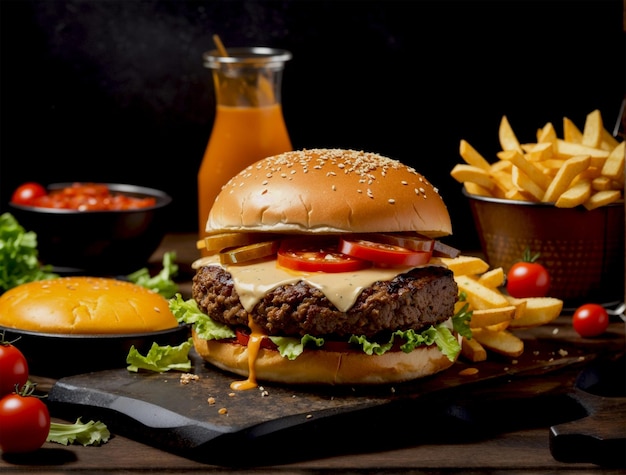 Burger au bœuf grillé avec frites, cheeseburger et tomate généré par l'IA