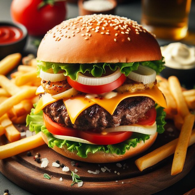 Photo burger au bœuf grillé avec frites, fromage et tomate.