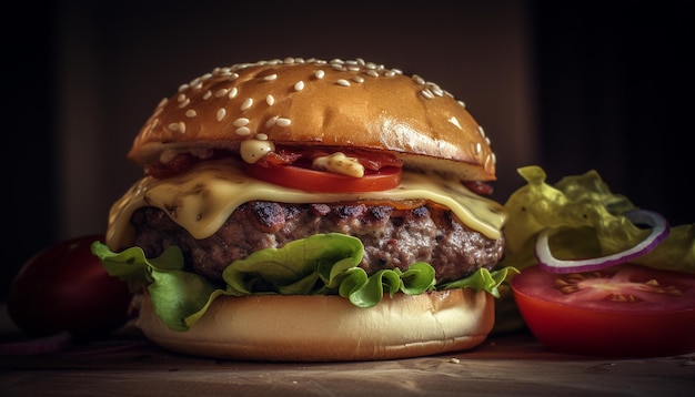 Burger au bœuf grillé avec fromage, tomates, oignons et frites générés par l'intelligence artificielle