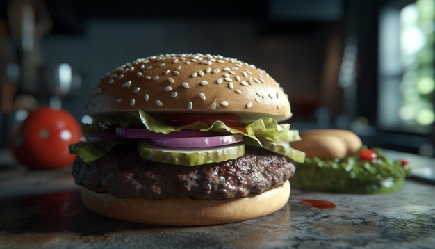 Burger au bœuf grillé avec tomate au fromage et pain gourmet généré par l'intelligence artificielle