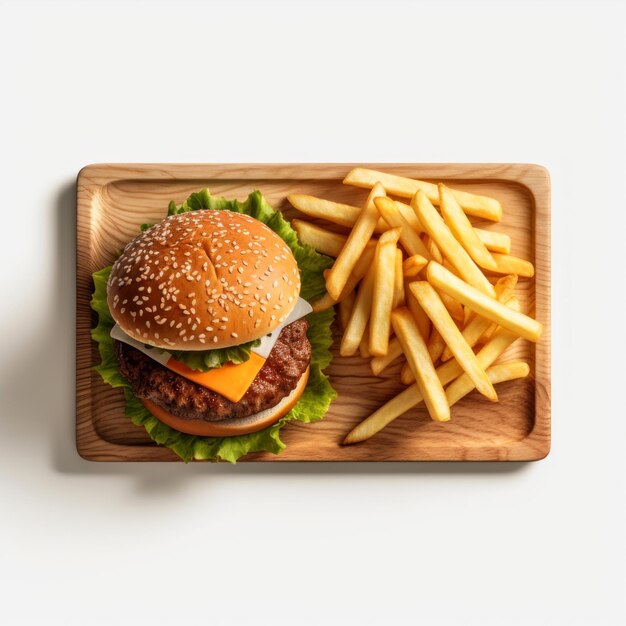 Burger au fromage American cheese burger avec des frites dorées sur une assiette en bois