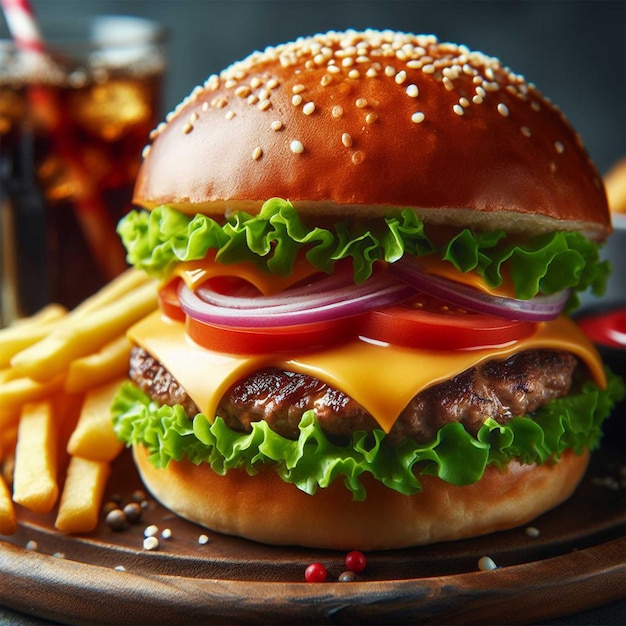 Burger au fromage American cheese burger avec des frites dorées et du cola