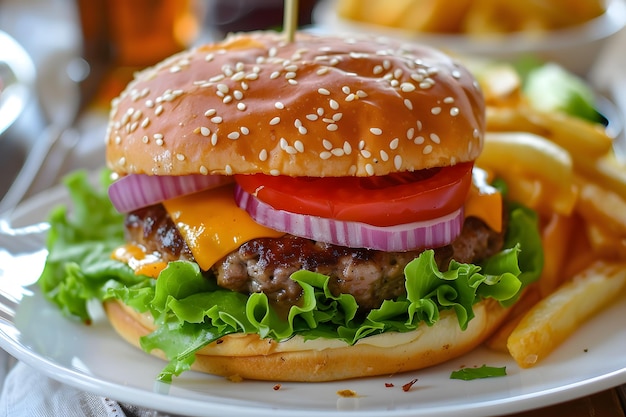 Burger au fromage American cheese burger avec frites dorées et salade fraîche