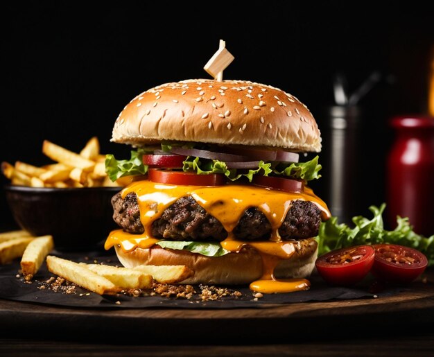 Burger au fromage de bœuf sur fond noir