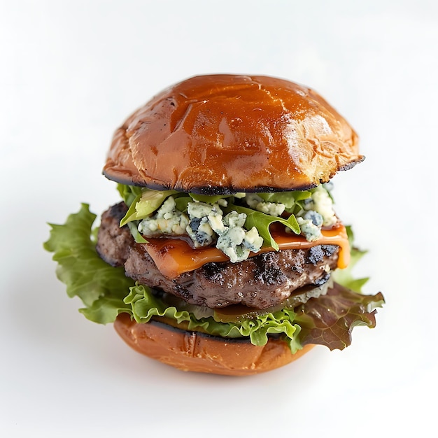 Burger au fromage de buffle bleu sur fond blanc