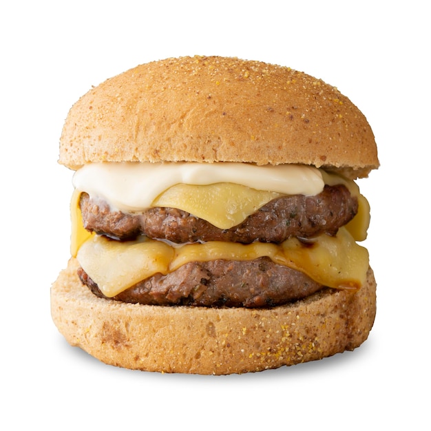 Burger au fromage double isolé sur fond blanc