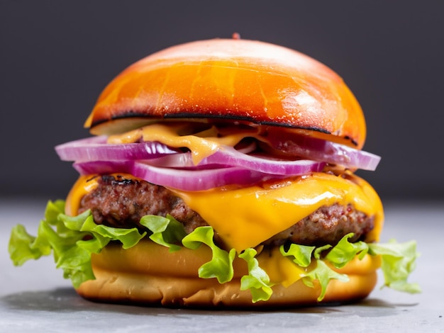 Burger au fromage avec du fromage fondant, de l'oignon croustillant et du fromage cheddar fondu centralisé avec du gris