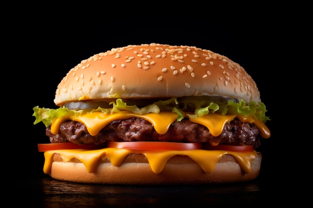 Burger au fromage fondu une escalope tomates et laitue sur fond noir