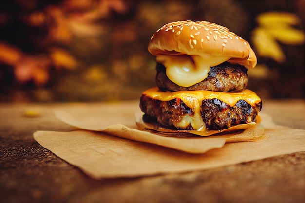 Burger au fromage fondu sur fond d'automne