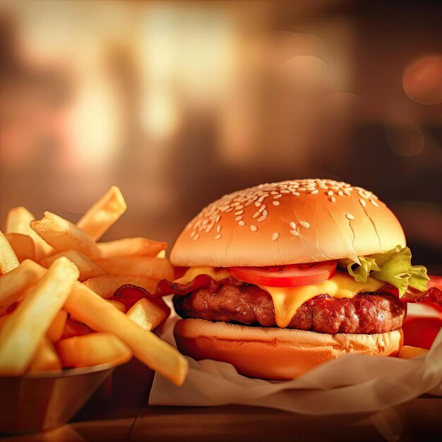 Burger au fromage avec des frites sur une table en bois