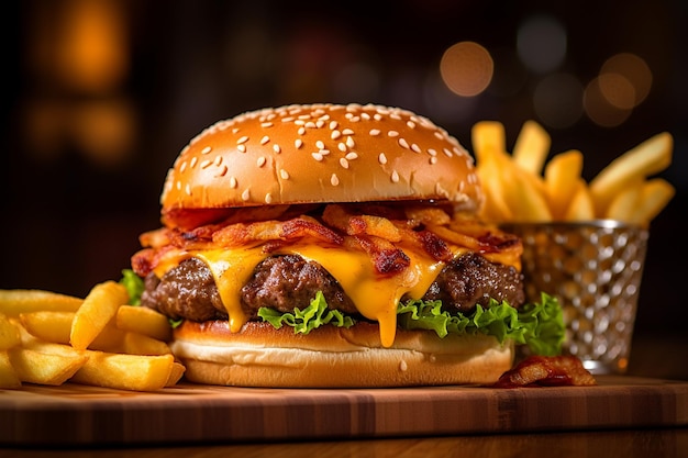 Burger au fromage juteux avec tous les accompagnements frites de pain grillé