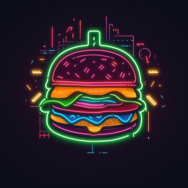 Burger au néon avec une ville en arrière-plan