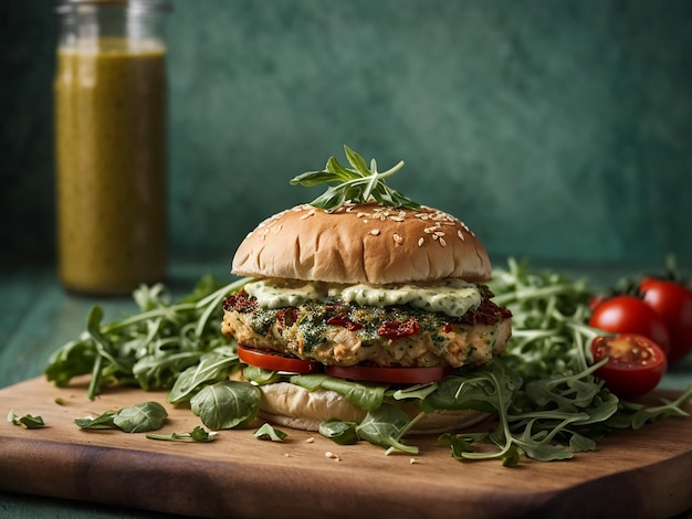 Burger au poulet au pesto Une galette de poulet avec de la sauce pesto, des tomates séchées au soleil et de la roquette