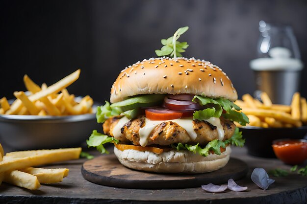 Burger au poulet avec frites sur la table