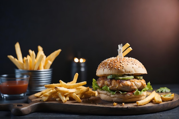 Burger au poulet avec frites sur la table