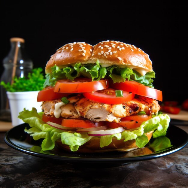 Burger au poulet avec tomates et laitue