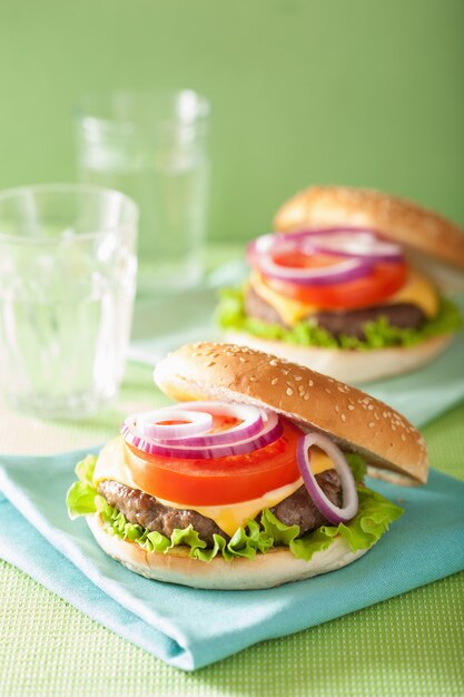 Burger au steak de boeuf fromage laitue tomate oignon