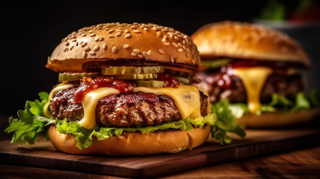 Burger aux escalopes de boeuf tomates fromage laitue et oignons Généré AI