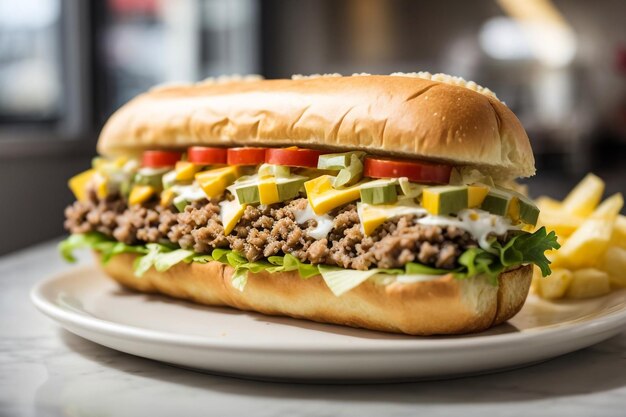 Burger bâclé avec sauce dans un fond de restaurant