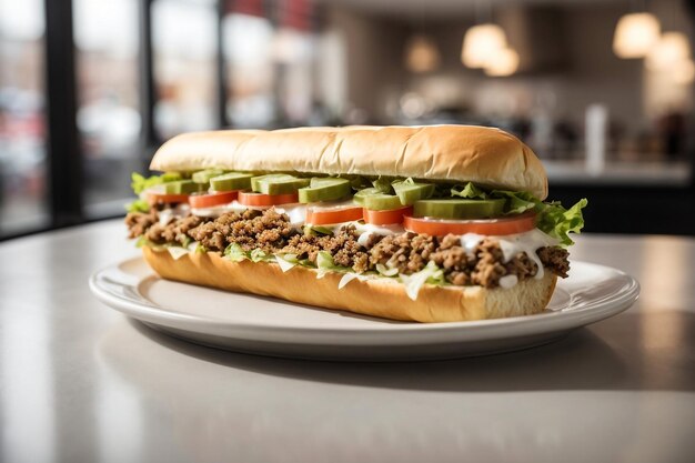 Burger bâclé avec sauce dans un fond de restaurant