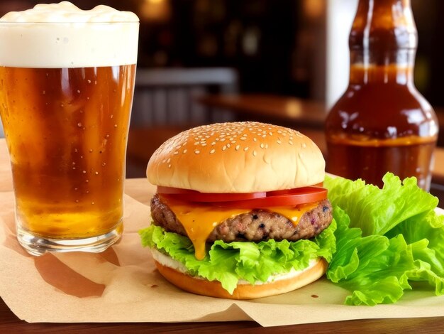 Burger avec de la bière sur la table dans un bar pub ai généré