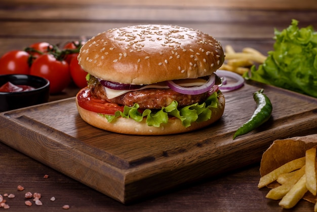 Burger de boeuf artisanal et frites sur fond noir