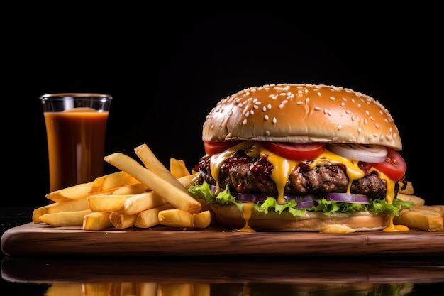 Burger de bœuf artisanal et frites sur table en bois