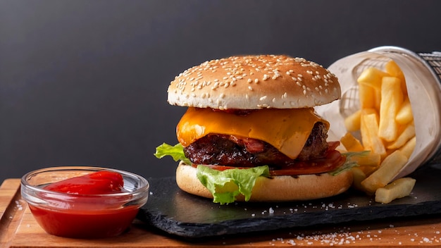 Burger de bœuf fait maison avec frites et ketchup Fastfood