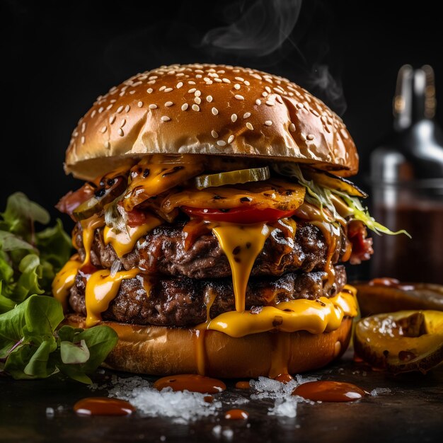 Un burger de bœuf farci de légumes et d'apéritifs et servi avec des frites