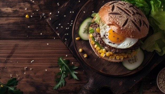 Burger de boeuf fraîchement grillé sur une table en bois rustique généré par l'IA