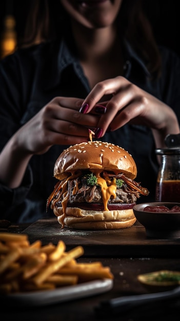 burger avec boeuf et fromage sur bois et fond noir isolé Generative AI