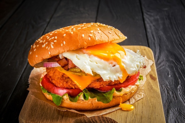 Burger de boeuf avec fromage fondu et bacon et oeuf sur fond de bois.