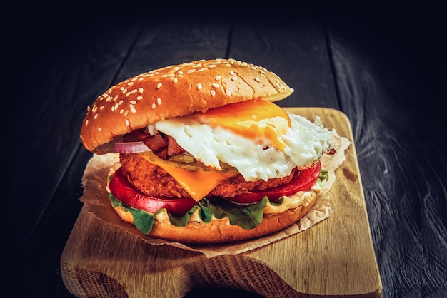 Burger de boeuf avec fromage fondu et bacon et œuf.