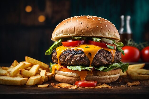 burger de bœuf grillé avec frites fromage et tomate