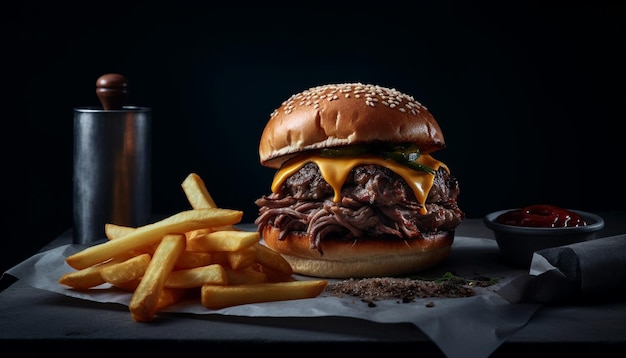 Burger de bœuf grillé avec frites un repas classique généré par l'IA