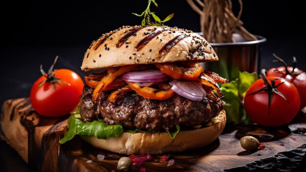 Photo burger de bœuf grillé avec tomates, oignons et pain maison