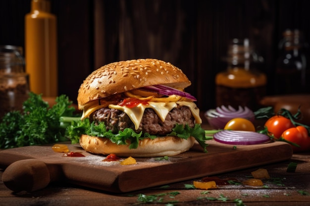 Burger de boeuf juteux sur table en bois rustique