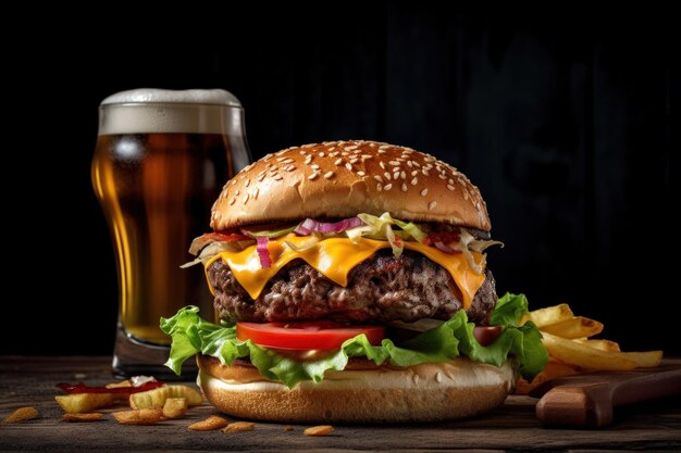 Burger de boeuf juteux sur table en bois rustique