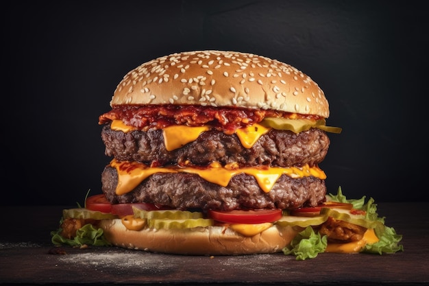 Burger de boeuf rempli de deux escalopes de boeuf et de fromage sur un studio photo de fond noir tourné avec espace de copie