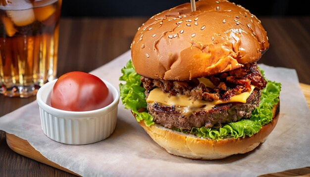 Burger de boeuf avec un verre de cola sur une table en bois