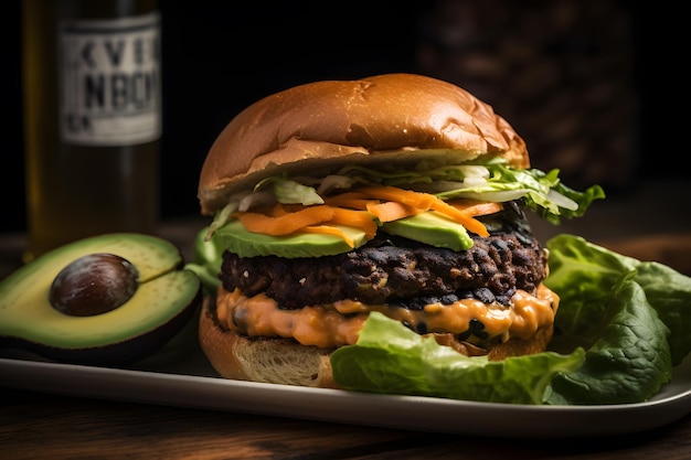 Un burger avec une bouteille de bourbon à côté