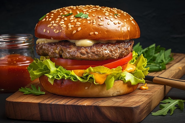 Burger classique tentant au fromage de bœuf laitue tomate sur fond sombre