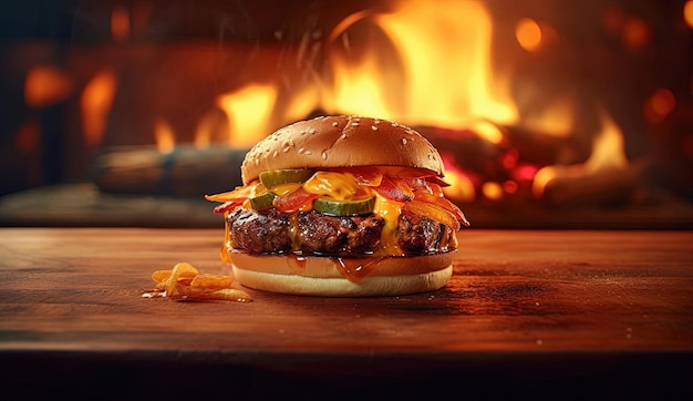 burger sur un comptoir en bois près du feu