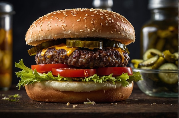 Burger avec un côté de cornichons maison piquants