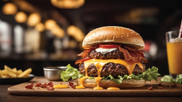 Burger avec côtelette de viande tomates laitue et fromage un délicieux et premium burger ai