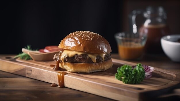 Burger de cotlet de boeuf à la sauce sur une planche de bois