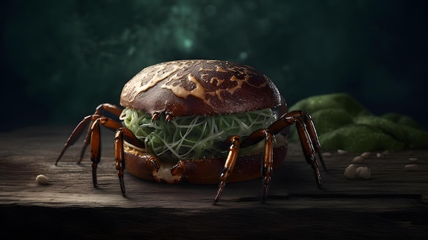 Un burger de crabe avec un fond vert