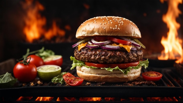 Burger cuisiné sur un gril en flammes